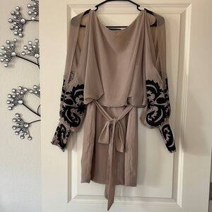 Foreign Exchange Beige Cold Shoulder Long Sleeve Dress with Black Floral Accents